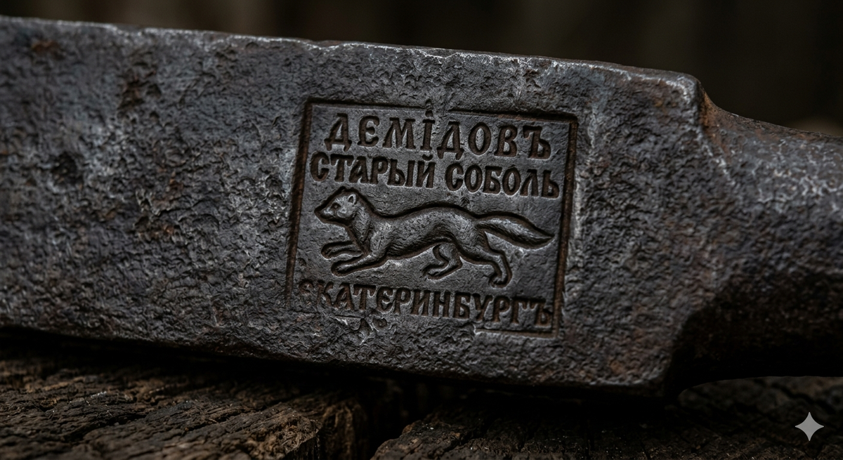 Изображение 1: Макрофотография подлинного исторического клейма. На потемневшем от времени, но не тронутом ржавчиной куске кованого металла четко виден силуэт бегущего соболя и архаичная надпись «ДЕМИДОВЪ. СТАРЫЙ СОБОЛЬ». Это изображение — символ невероятного качества, которое ценилось во всем мире.
