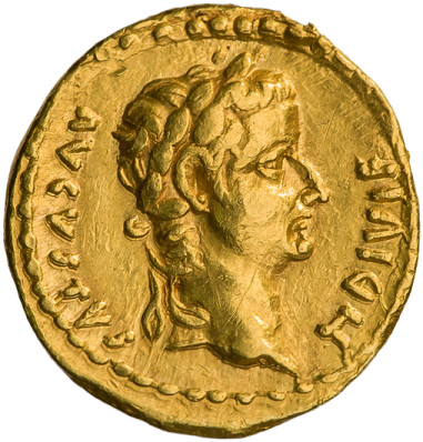 Золотой квинарий. Тиберий. Ок. 23—24 гг. Изображение отсюда: commons.wikimedia.org Автор изображения: АНО «Международный нумизматический клуб»