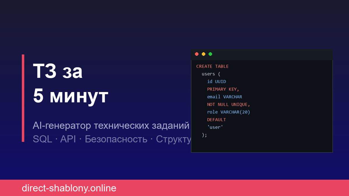 Пример сгенерированного ТЗ: SQL-схема, API-контракты, структура проекта — за 5 минут вместо 3 дней