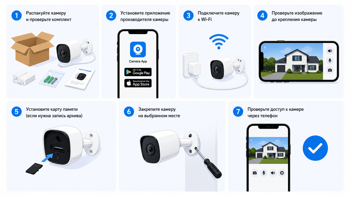 Пошаговая схема самостоятельной установки камеры видеонаблюдения дома — от распаковки устройства до подключения к телефону и проверки работы камеры.