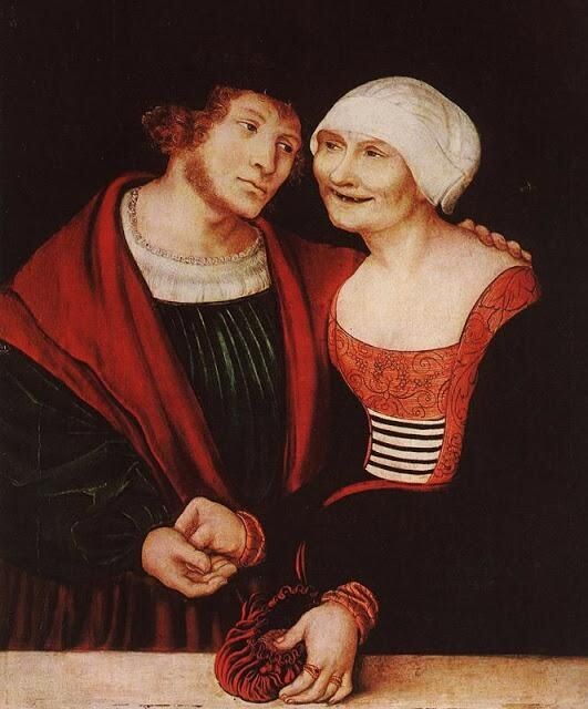 Лукас Кранах Старший «Влюблённая старуха и юноша», 1520 – 1522 годы. Бук. Размеры: 37х30,5 см. Инв. 137. Музей изобразительных искусств, Будапешт. Фото картины взято из открытого источника.