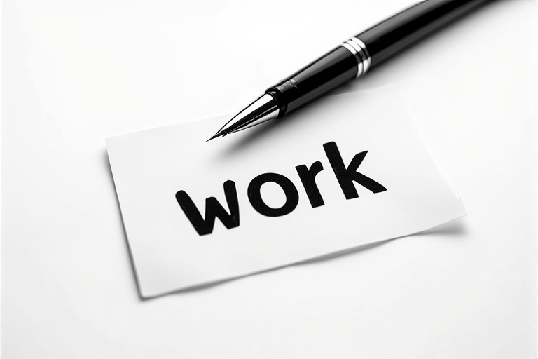 on a white background, a piece of paper with a pen and the word "work"