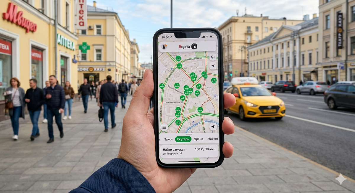Так выглядит карта в Яндекс Go — зелёные значки это свободные самокаты рядом