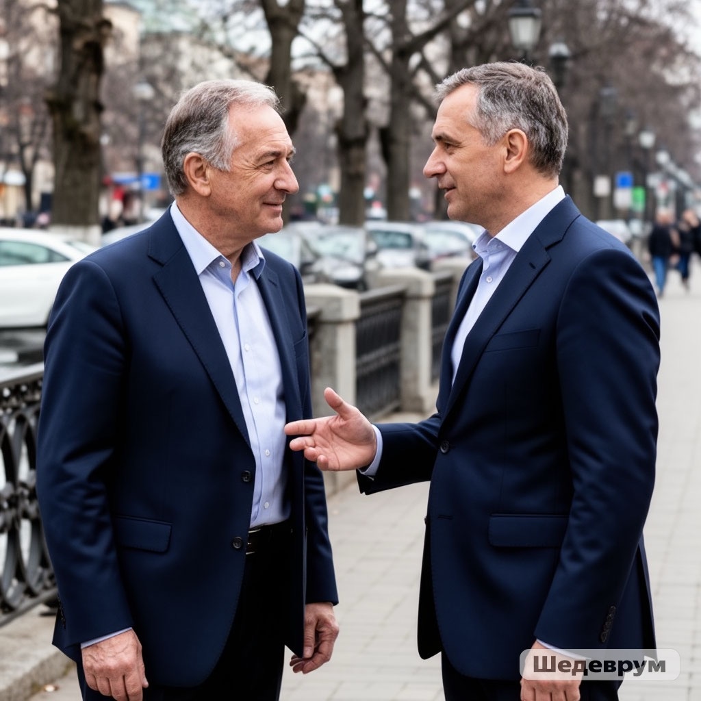 Прообраз общения Евгения с Валентином с рассказами последнего о работе в Германии. Сделано с помощью ИИ.