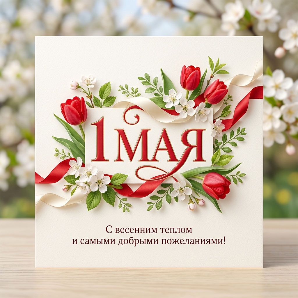    Красивая открытка к 1 Мая с цветами. / Фото: Создано с использованием нейросетевых технологий.