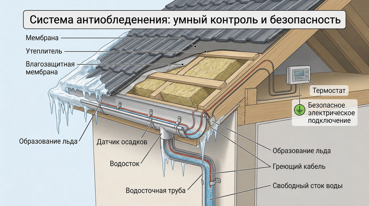 Схема оазмещения обогревающего кабеля на кровле. 