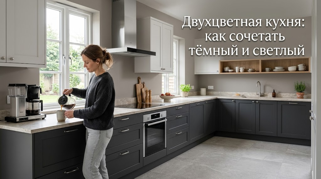   Интерьер двухцветной современной кухни: стильный контраст верхних и нижних шкафов MDKUHNY