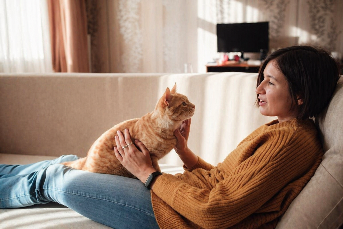 Женщина разговаривает с кошкой 