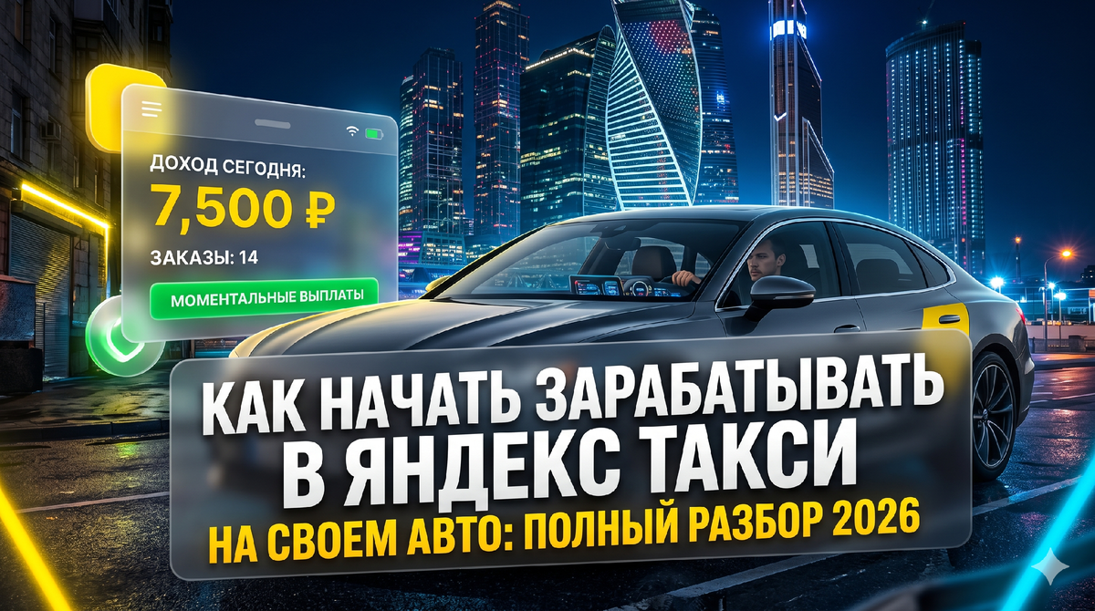 Обложка статьи про заработок в Яндекс Такси на своем авто в Москве 2026