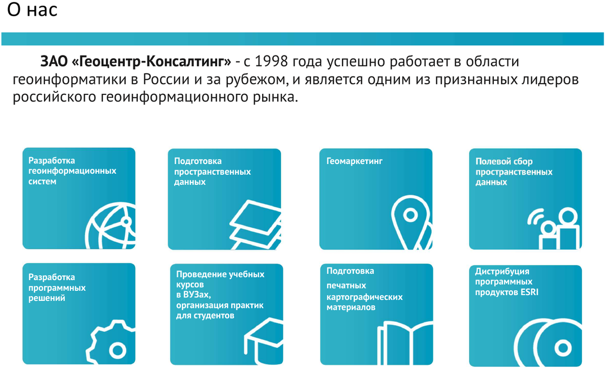 Направления деятельности компании "Геоцентр-Консалтинг": от разработки ГИС и геоданных до геоаналитики и подготовки печатных материалов