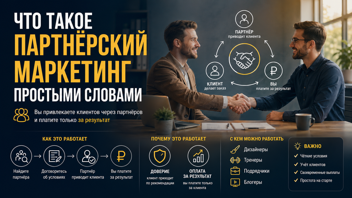 Партнёрский маркетинг — способ привлекать клиентов через рекомендации и платить только за результат.