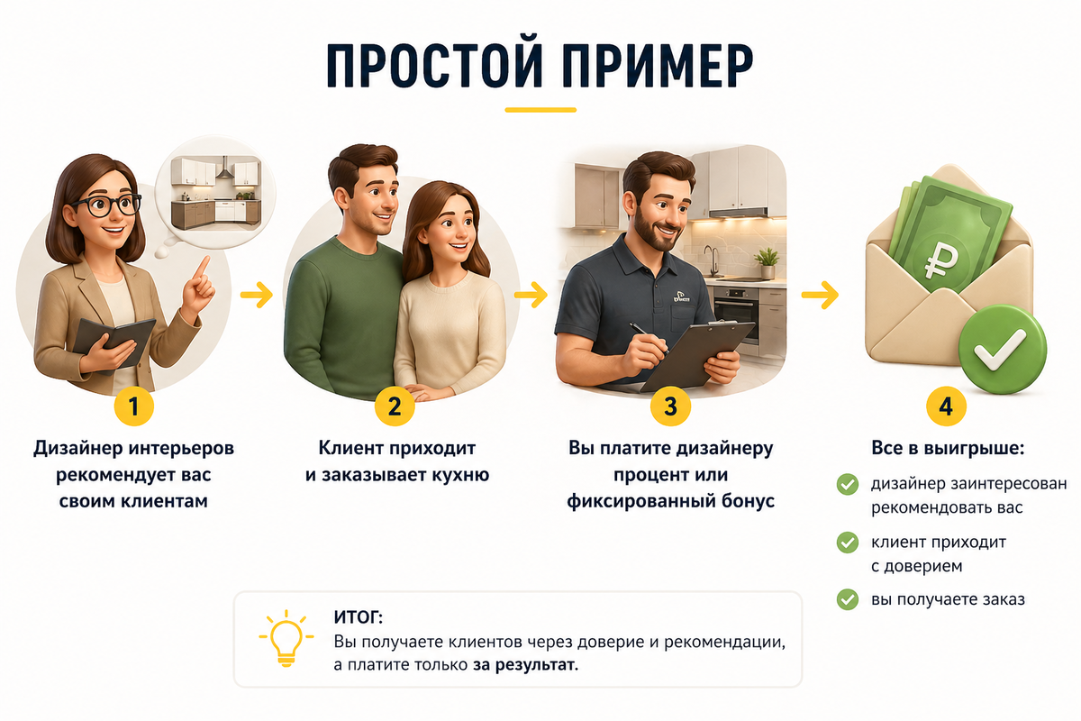 Дизайнер рекомендует вас клиенту, клиент делает заказ, вы платите партнёру — все в выигрыше.