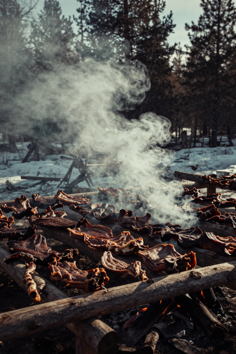  Заготовка мяса в тайге, вяленая оленина Якутия, мясо без холодильника Север