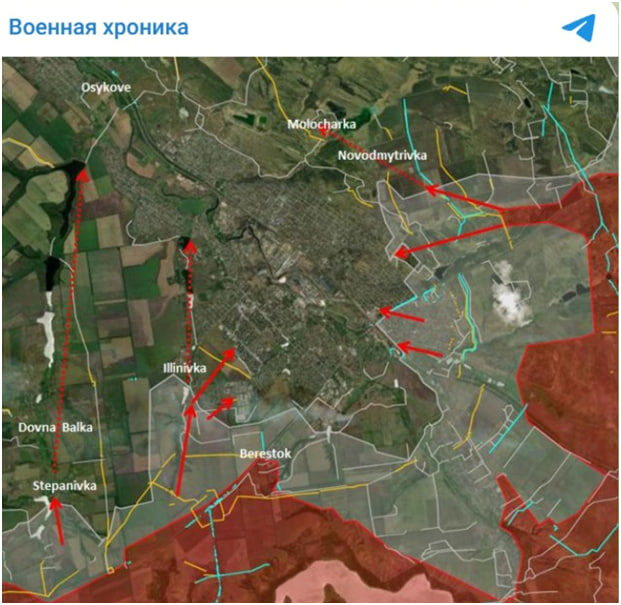 Русская армия окружает Константиновку. Скрин: ТГ-канал "Военная хроника"