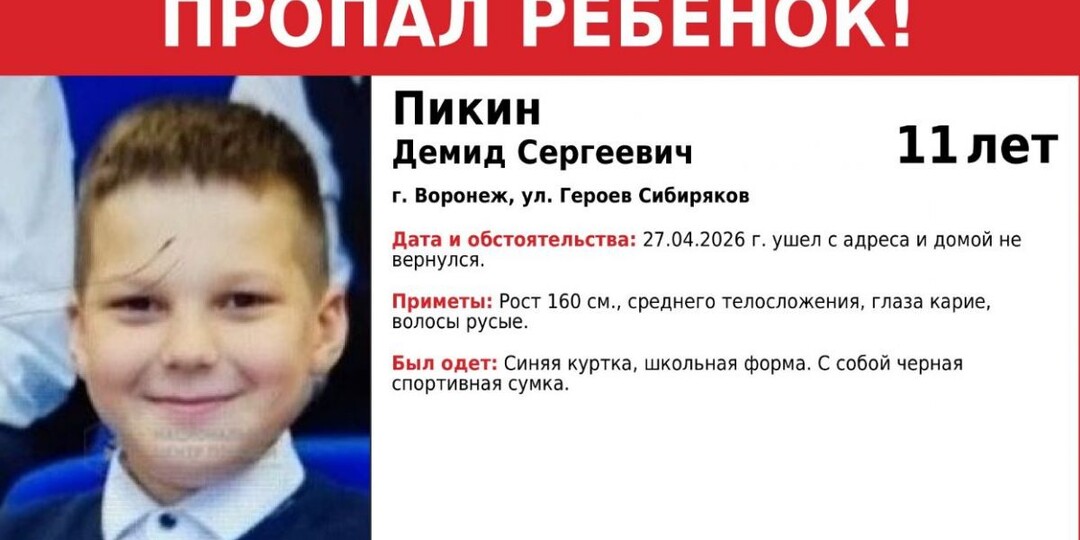 В Воронеже ищут 11-летнего Демида Пикина, пропавшего 27 апреля на Героев Сибиряков