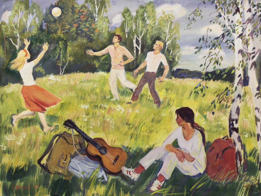 «Группа отдыхающей молодёжи», 1987 год. Художник Шкубер И. Л. Источник https://rus-gal.ru/works/kartina-gruppa-otdyhayushhej-molodyozhi/.