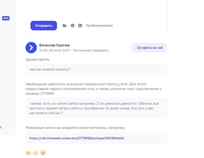 Ответ поддержки хостинга