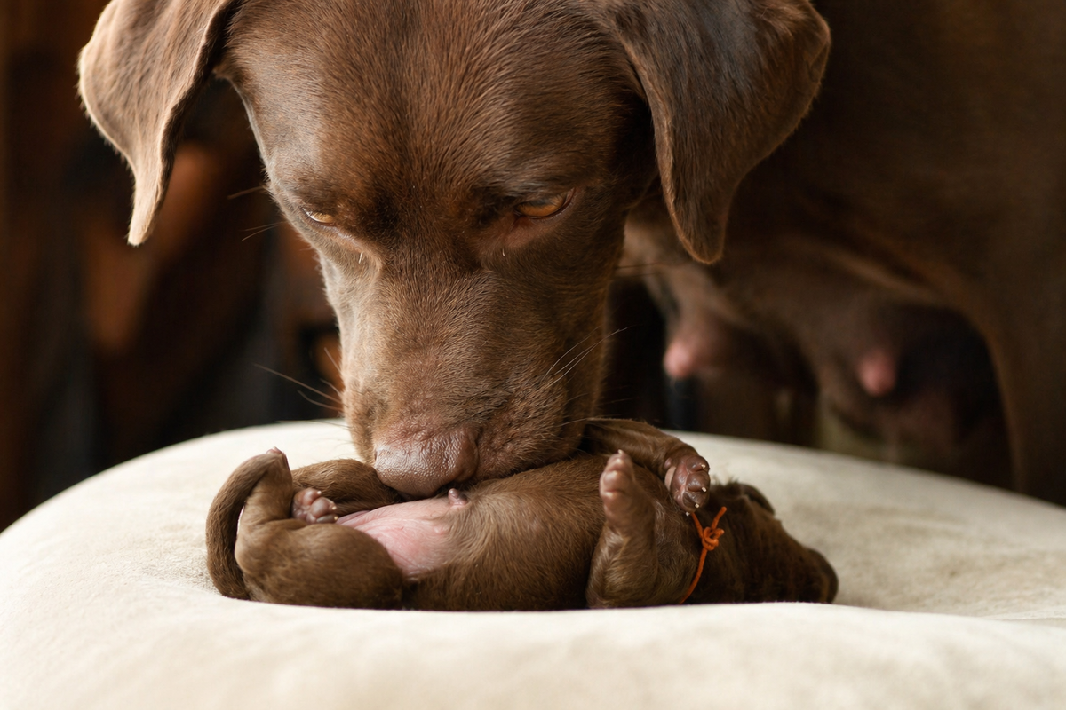 Собака с новорождённым щенком
