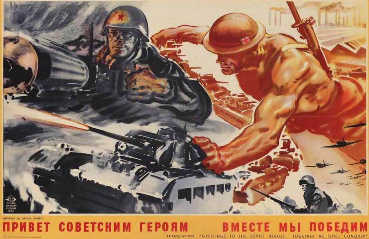 Британский двуязычный плакат 1941 года "Привет советским героям. Вместе мы победим!" Из современного объяснения гражданам многонациональной РФ, что они видят перед собой на плакате:"Этот плакат представляет собой наглядное пособие для разъяснения в доступной форме отношения советской власти к текущим событиям на фронте." Источник - izhevsk.ru