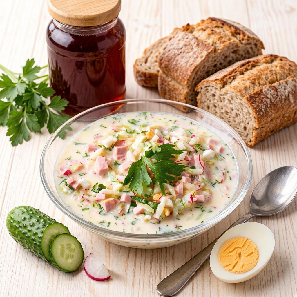 Летний холодный суп с картофелем, огурцами, редисом, яйцом и варёной колбасой на хлебном квасе