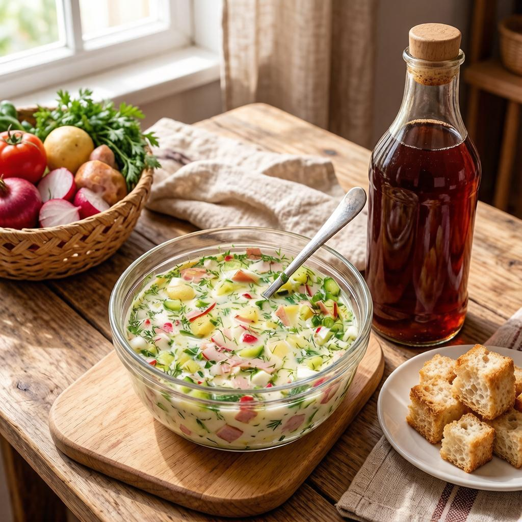 Летний холодный суп с картофелем, огурцами, редисом, яйцом и варёной колбасой на хлебном квасе