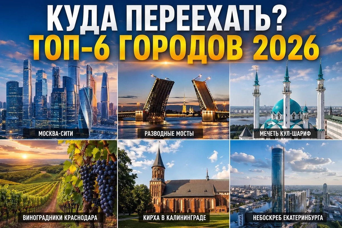 Коллаж из шести лучших городов России для переезда в 2026 году: Москва, Санкт-Петербург, Казань, Краснодар, Калининград, Екатеринбург.