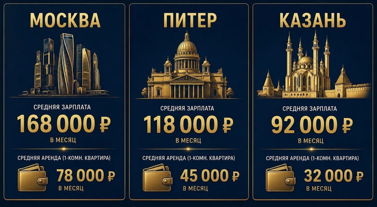 Сравнение Москвы, Санкт-Петербурга и Казани по зарплатам и стоимости аренды жилья в 2026 году.