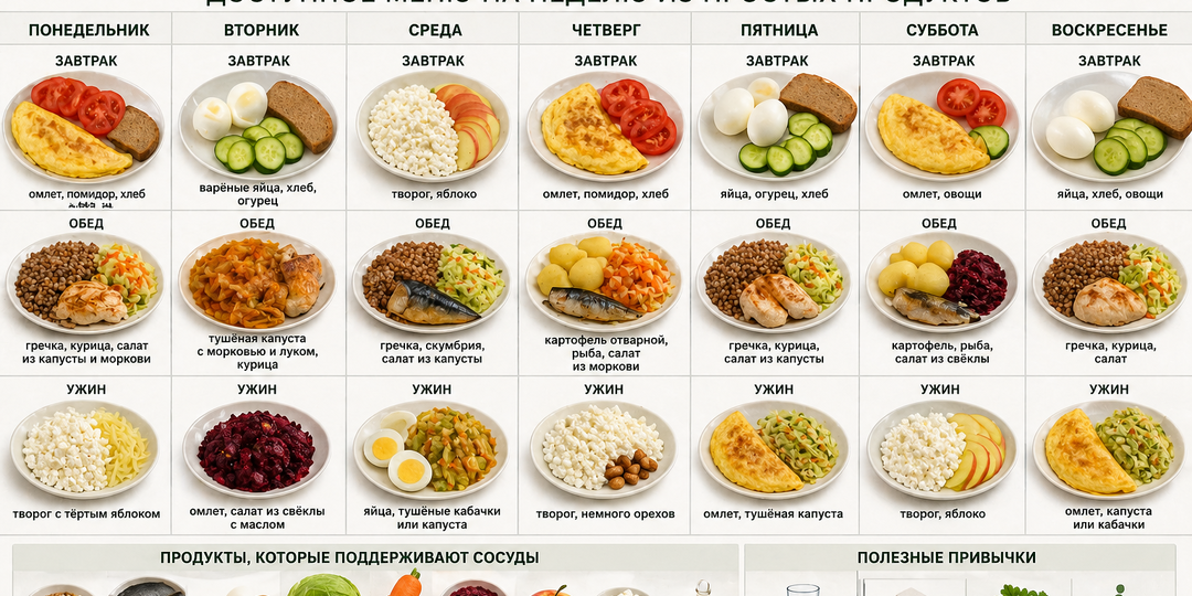 Еда, которая помогает сосудам: доступное меню на неделю из простых продуктов