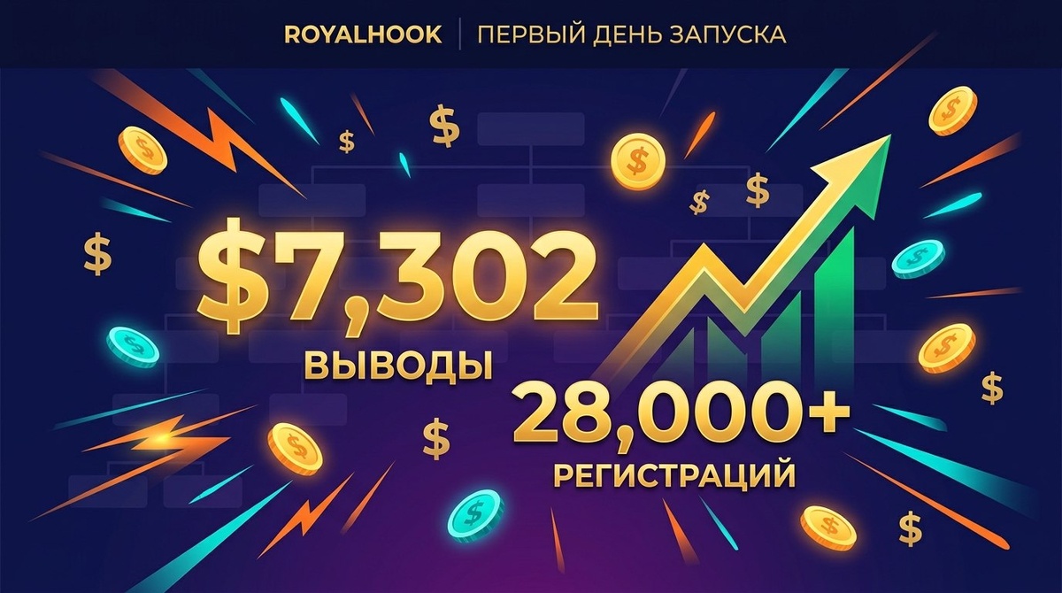Первый день старта RoyalHook: $7 302 выведно на старте и 28 000 регистраций. Маркетинг, который работает