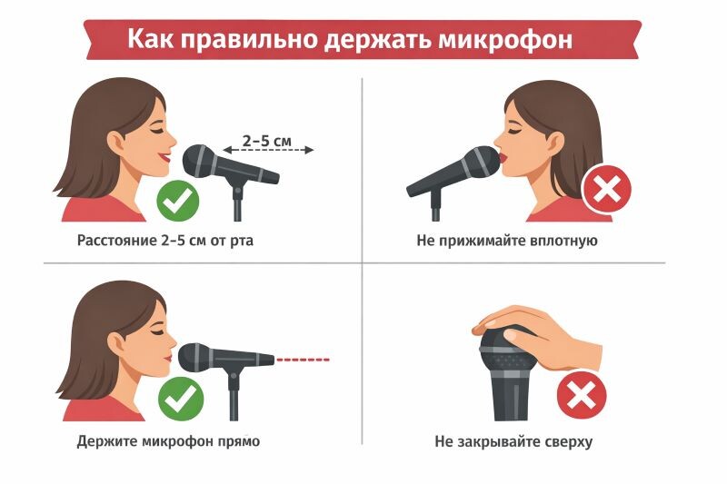 Правильное положение микрофона заметно улучшает звучание