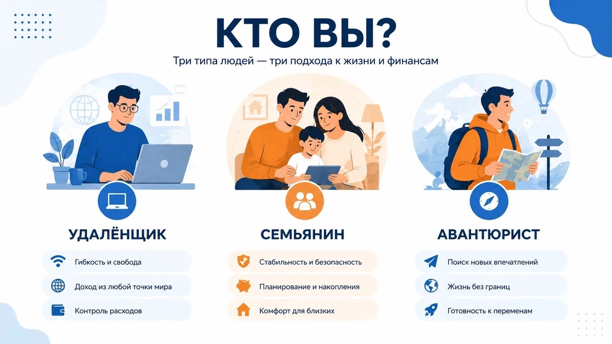 Три типа релокантов: удалёнщик, семьянин и авантюрист. Определите свой профиль перед эмиграцией.