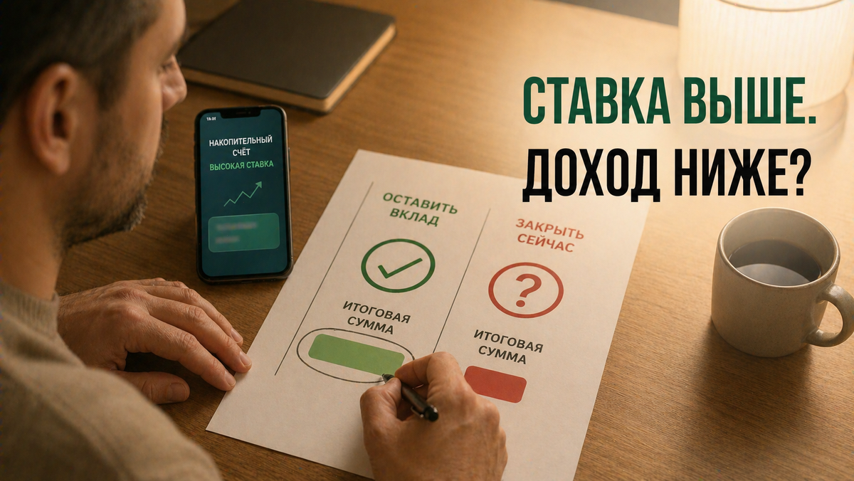 Доказательство:
Срочная ставка по вкладу определяется договором, а при досрочном возврате условия процентов зависят от договора и закона; поэтому сравнивать нужно итоговую сумму, а не рекламную ставку.
Источник: ГК РФ, ст. 837 и 838. (Закон РФ)
