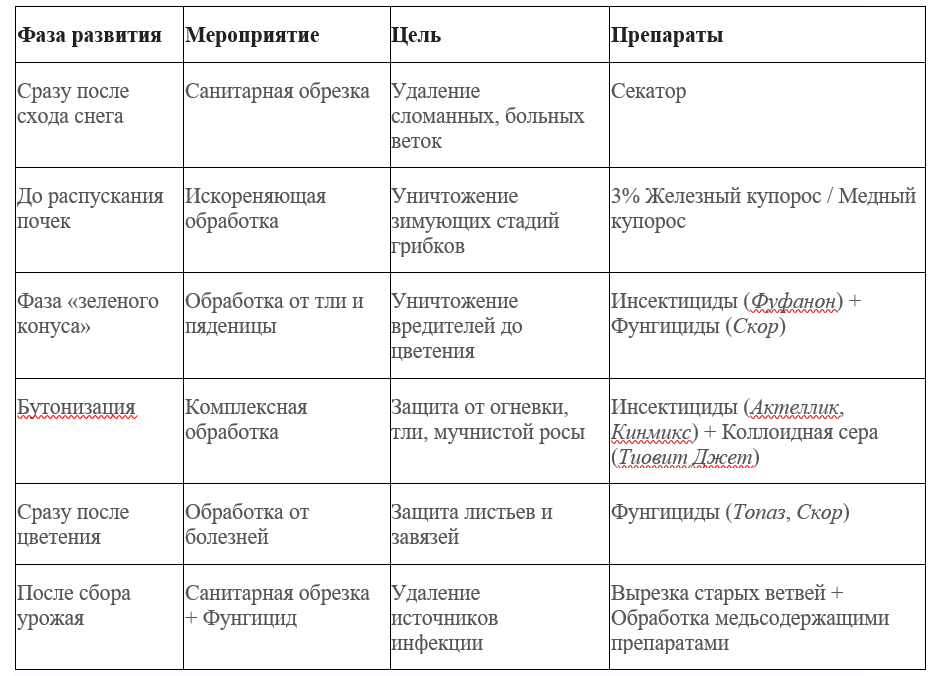 Важно:
Соблюдайте сроки ожидания (период от обработки до сбора урожая), указанные в инструкции к препарату.
Не обрабатывайте растения во время цветения — это губительно для пчел-опылителей.
Используйте средства индивидуальной защиты (перчатки, респиратор/маска).
