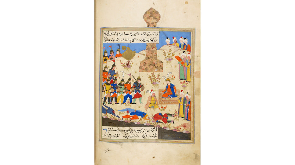 Иллюстрация из рукописи «Зафар-наме», 1425. Солдаты выстраиваются перед Тимуром, держа в руках головы обезглавленных врагов, которые они использовали для строительства башни из черепов в Багдаде.📷Фото: British Library