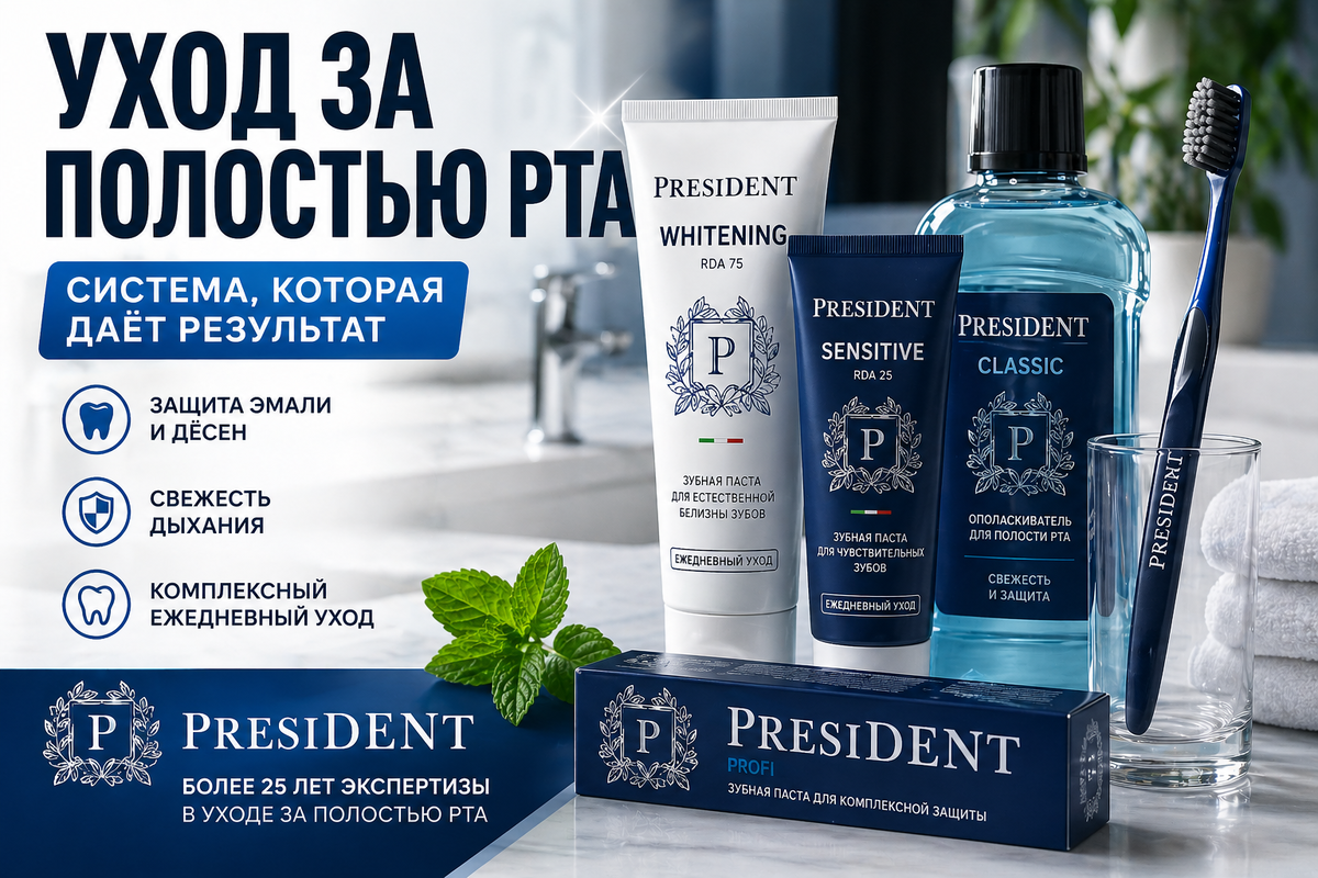 Более 25 лет PRESIDENT остаётся одним из ведущих брендов с экспертизой в области средств по уходу за полостью рта