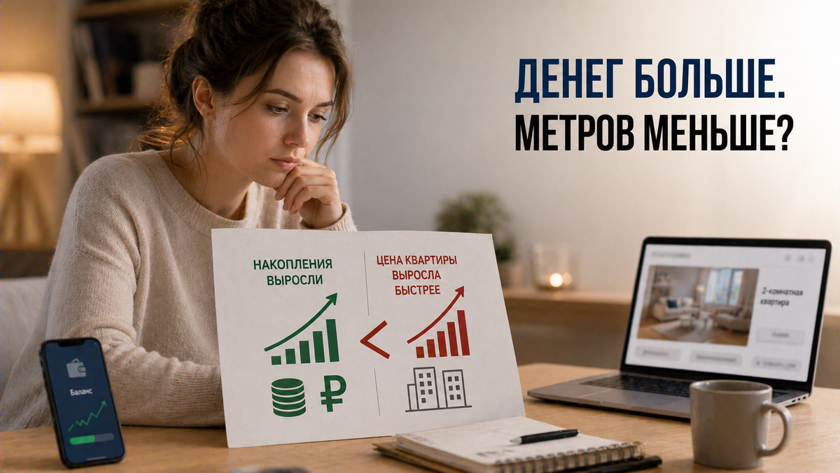 Доказательство:
Даже небольшие квартальные изменения цен сдвигают цель: в I квартале 2025 года Росстат фиксировал рост индекса цен на первичном рынке жилья к предыдущему кварталу.
Источник: Росстат. 
