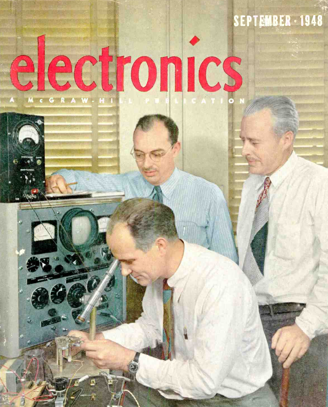Обложка журнала Electronics (McGraw-Hill), сентябрь 1948 года. На фото — исследователи Bell Labs Джон Бардин, Уолтер Браттейн и Уильям Шокли. 