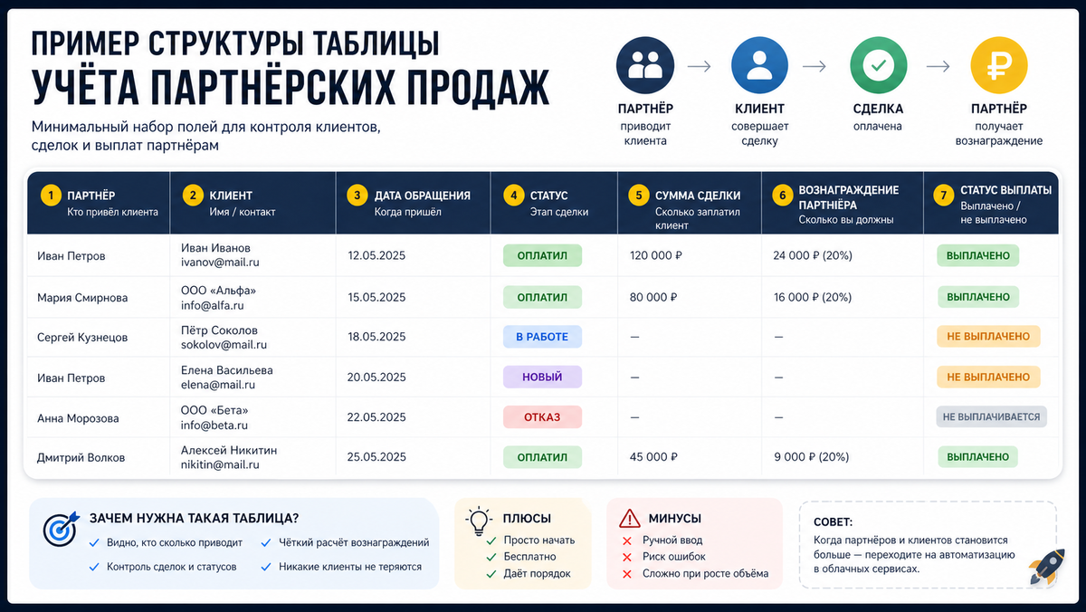 Минимальная структура учёта: партнёр, клиент, статус сделки, сумма и выплата. Этого достаточно, чтобы перестать путаться на старте.
