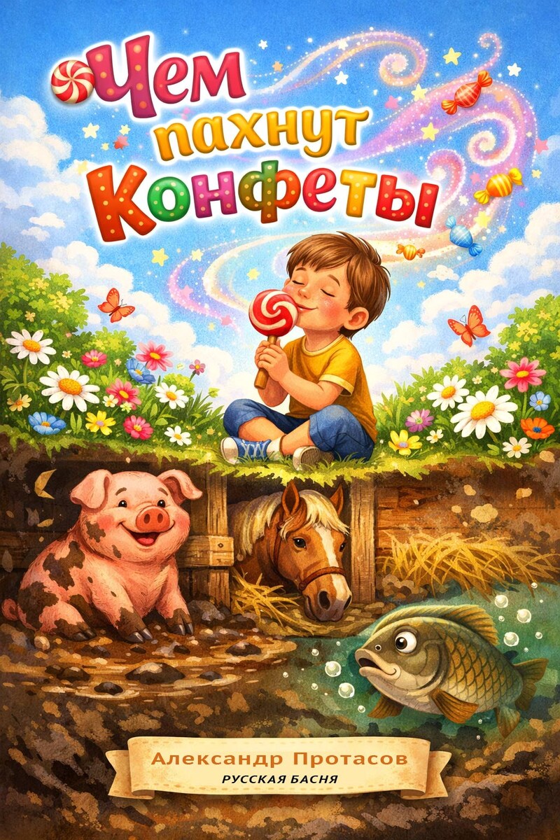 Обложка для книжки русской басни "Чем пахнут конфеты" Александр Протасов