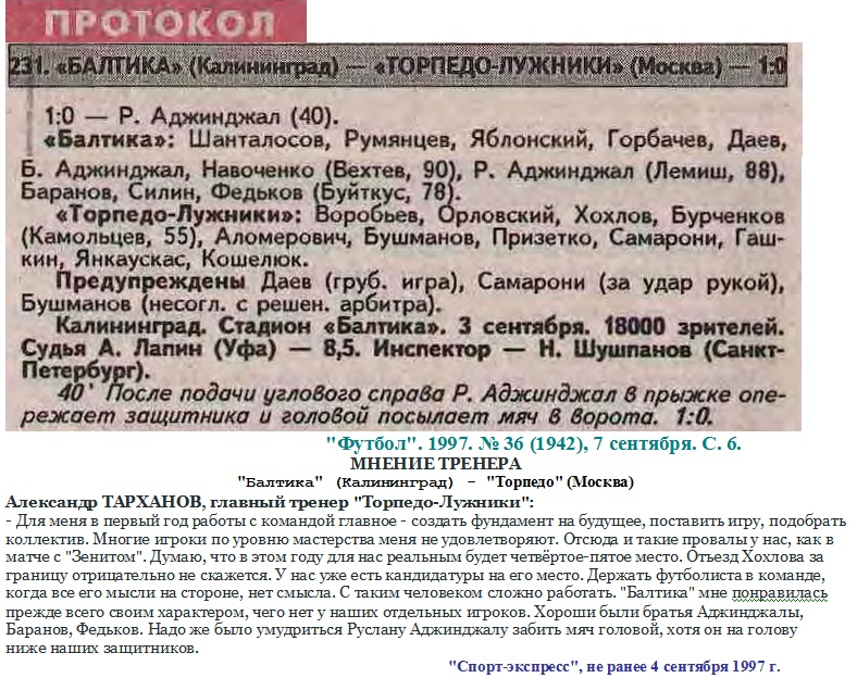 "Футбол". 1997. № 36 (1942), 7 сентября. С. 6; "Спорт-экспресс", не ранее 4 сентября 1997 г. + https://torpedo-arhiv.livejournal.com/286844.html Коллаж автора ИстАрх.