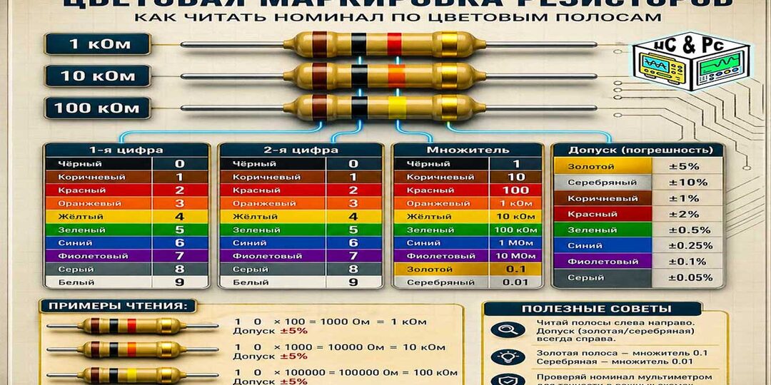 Цветовая маркировка резисторов (4 полосы): как определить номинал
