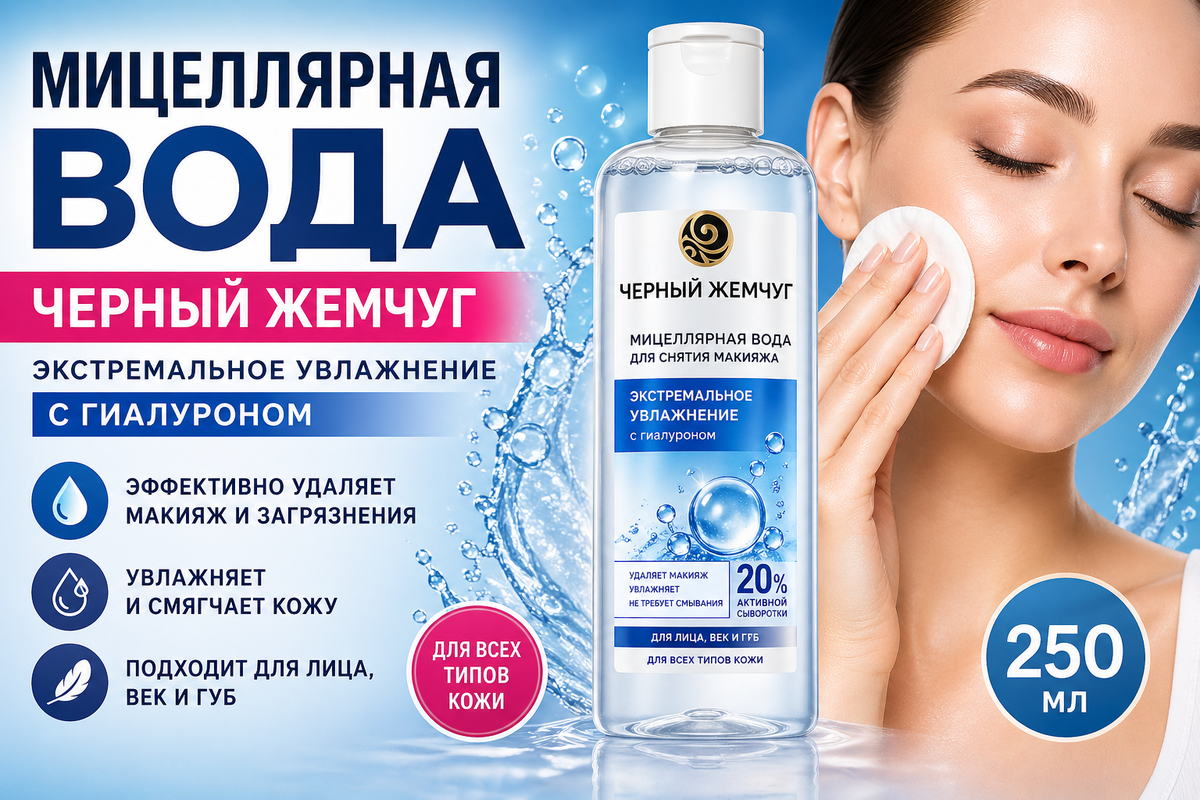 Мицеллярная вода для снятия макияжа Черный Жемчуг Экстремальное увлажнение с гиалуроном, для лица, век и губ, 250 мл