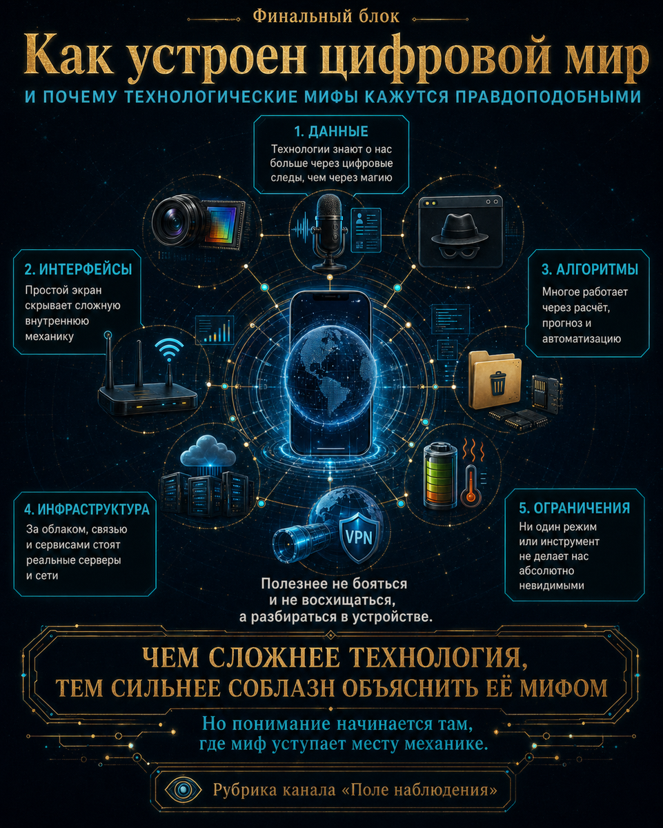 Чем сложнее технология, тем сильнее соблазн объяснить её мифом.
Но полезнее не бояться и не восхищаться, а разбираться в устройстве.