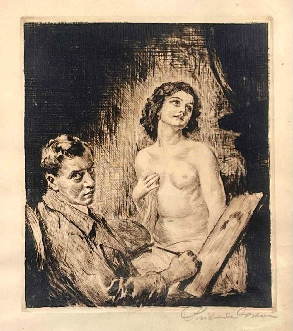 Иштван Прихода (1891-1965) "Festő és modellje"  (Художник и натурщица), 28x24 см, офорт 