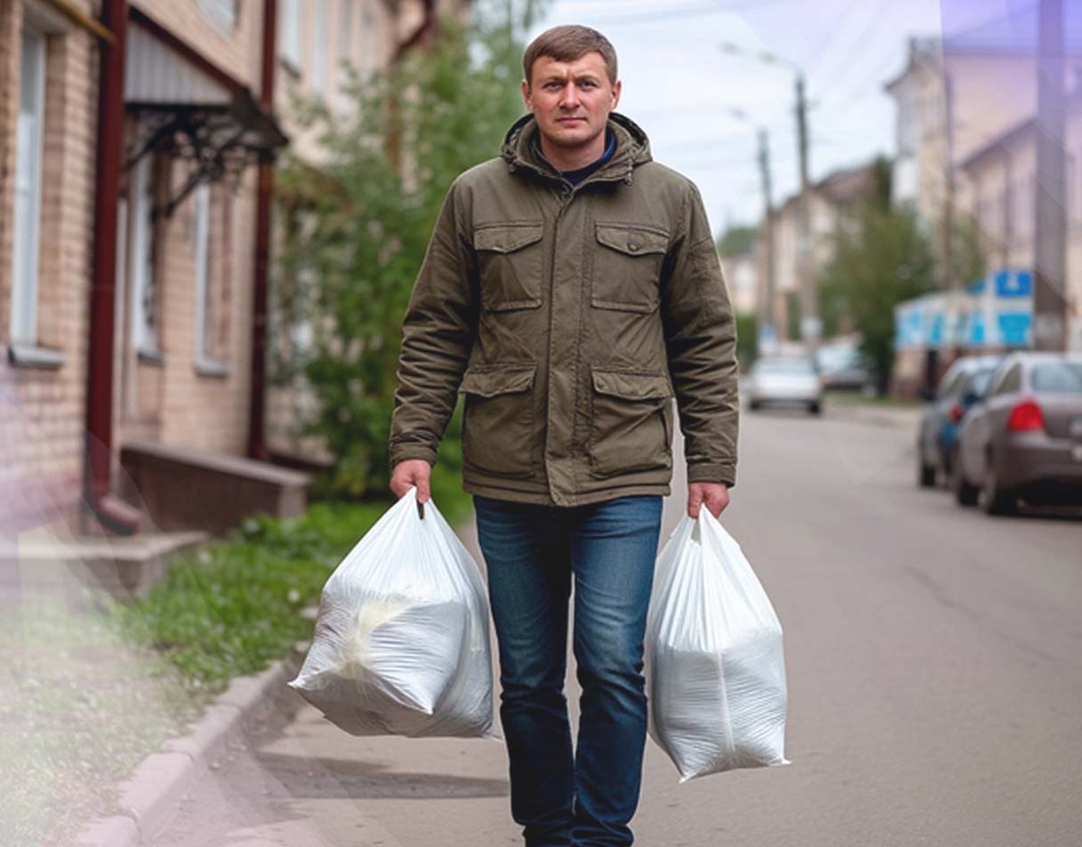 Хмурый курьер с пакетами