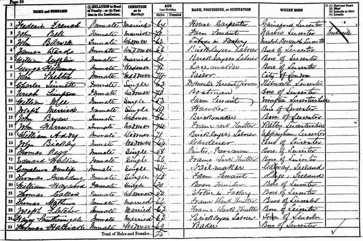 Перепись населения 1881 года с указанием Джозефа Меррика (строка 11). Источник: storyofleicester.info