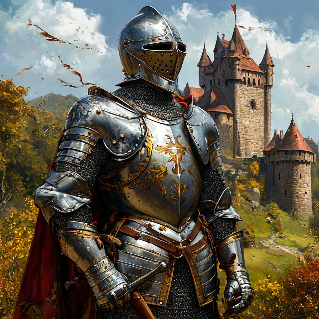 Фото из открытых источников. "A knight in armor on the background of the castle and looks into the frame" - ishedevrum.ai