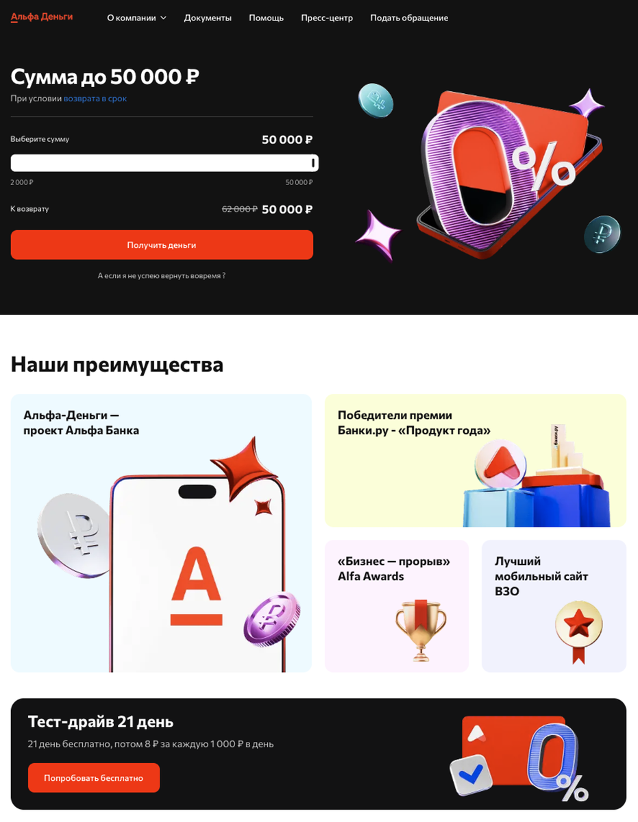 Основные параметры займа в МФО «Альфа Деньги»