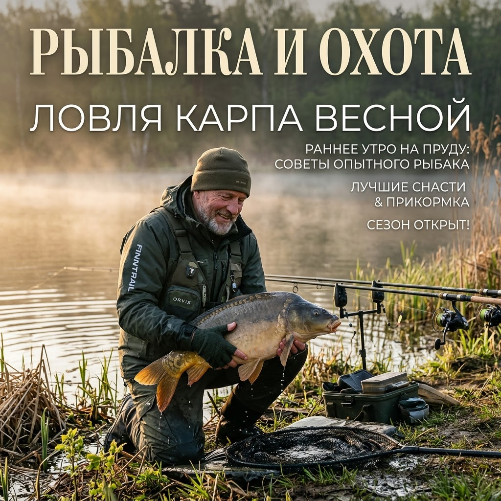Ловля карпа весной на пруду ранним утром