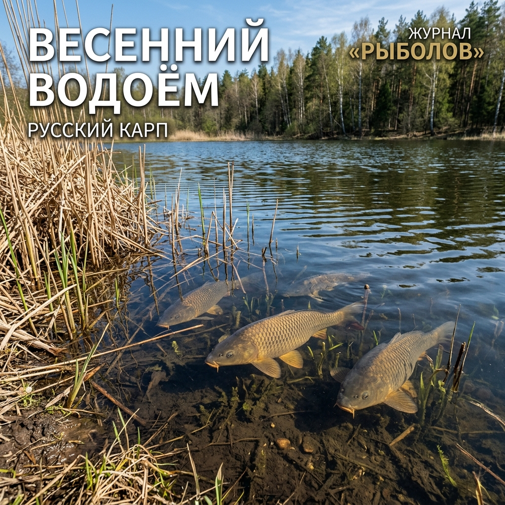 Карп весной у камыша на мелководье